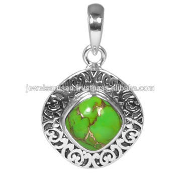 Natural Green Copper Turquoise Gemstone 925 Solid Silver Pendant